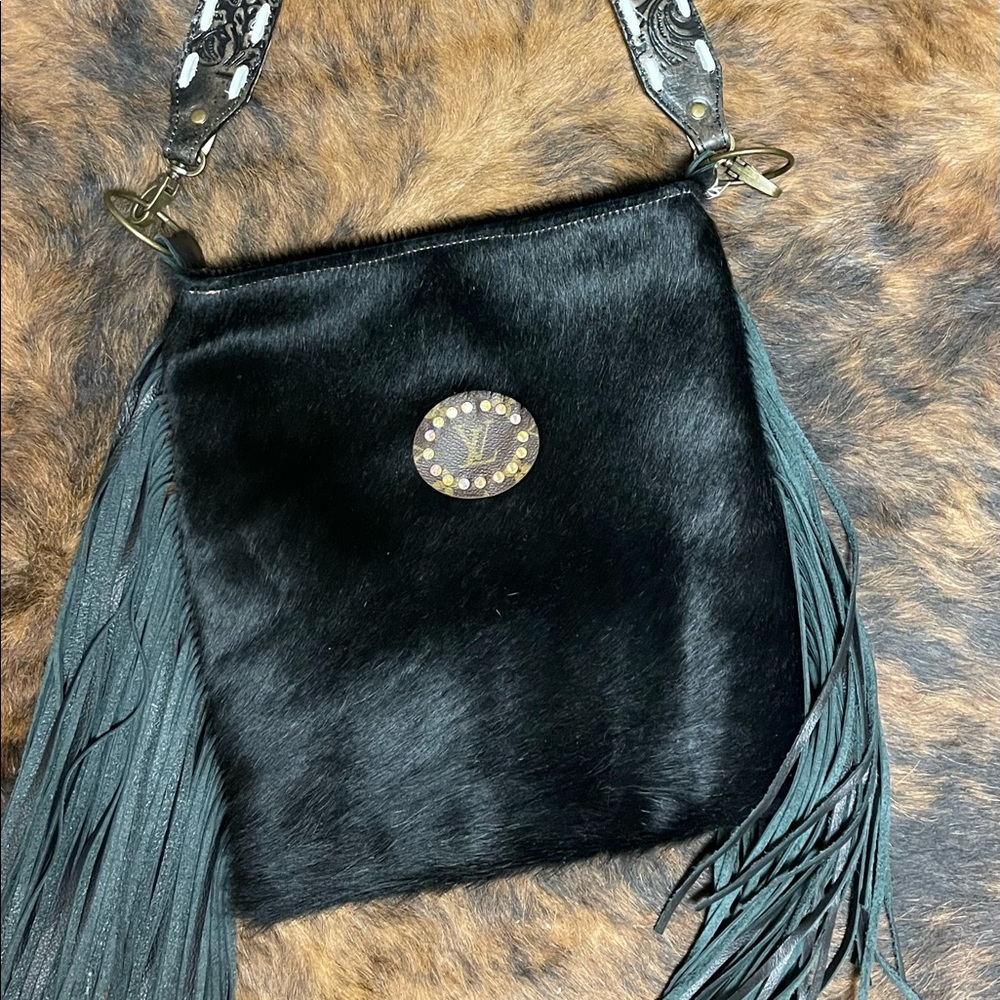 Black Leather Cowhide Fringe Up LV Large Crossbody!